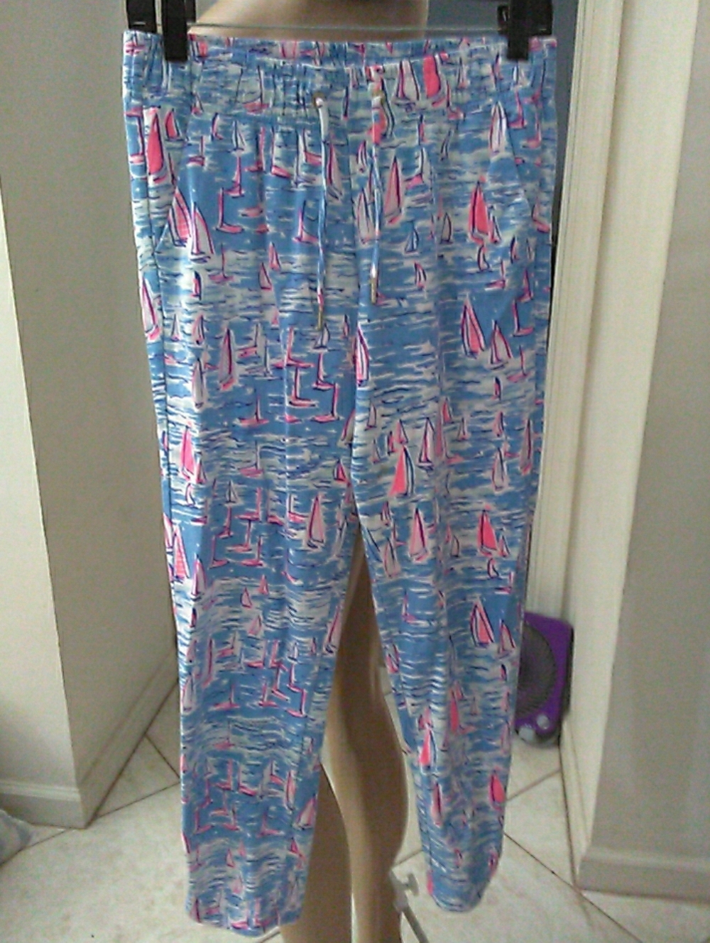 LK NEW ILLY PULITZER Blue Sailboat Print Drawstring Pants SZ. SM COTTON W/ PKTS